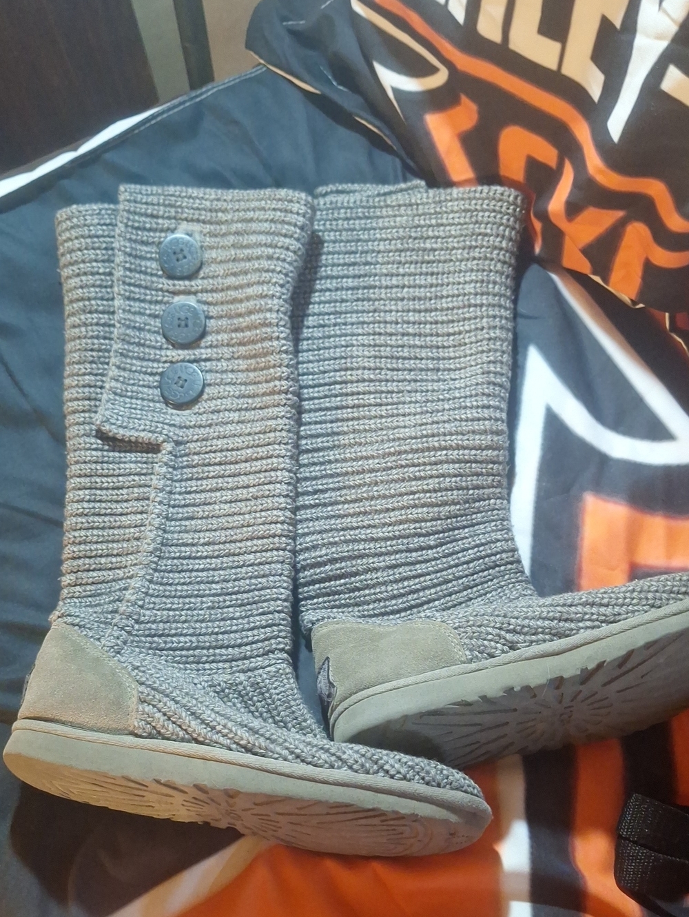 UGG Gray Knit Button-Accent Mid-Calf Boots